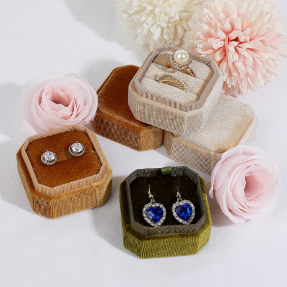 Caja octogonal de pana para anillos de boda, organizador de anillos de propuesta de compromiso, almacenamiento portátil, joyero Vintage,