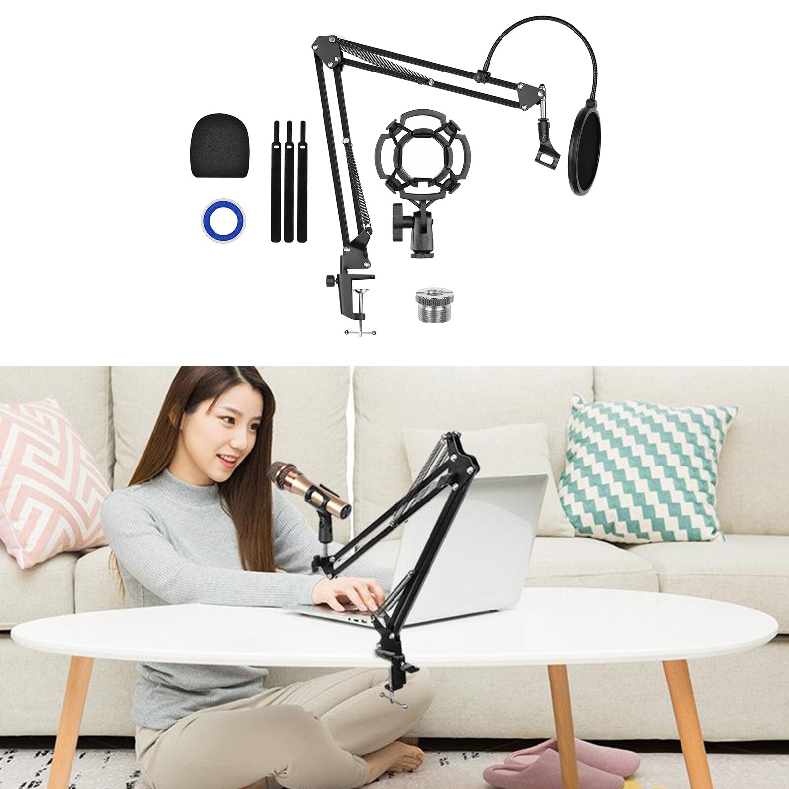 Microphone Arm Stand, Adjustable Suspension Boom Scissor Mic Stand, 3/8&quot; to 5/8&quot; Adapter, Mic Clip, Upgraded Heavy Duty Clamp