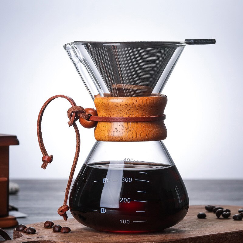 Olla de vidrio para café hecha a mano resistente al calor, juego de filtros para compartir mango de madera, adecuado para el hogar y la Oficina, 400/600/800ML: 400ML with Filter