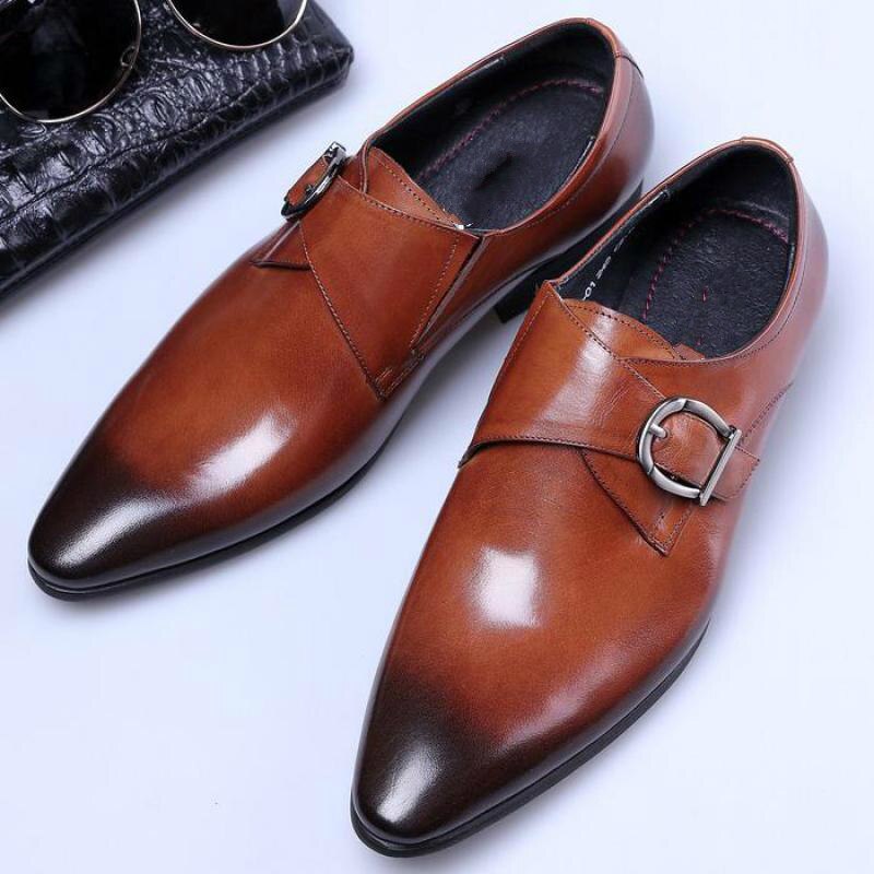 Monk Strap Loafers Men Slip On Flat Dress Shoes Italian Formal Suit Leather Shoes Metal Buckle Business British Loafers A1-76