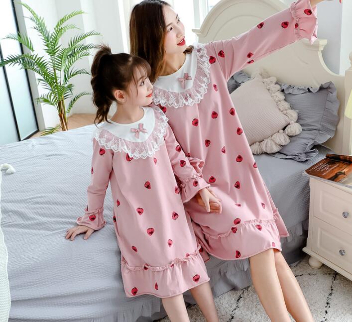 Moeder En Meisje Nachtjapon Kinderen Homewear Meisjes Kant Katoen Lange Mouwen Nachthemd Kids Slaap Jurk Voor Meisje kinderen Kleding