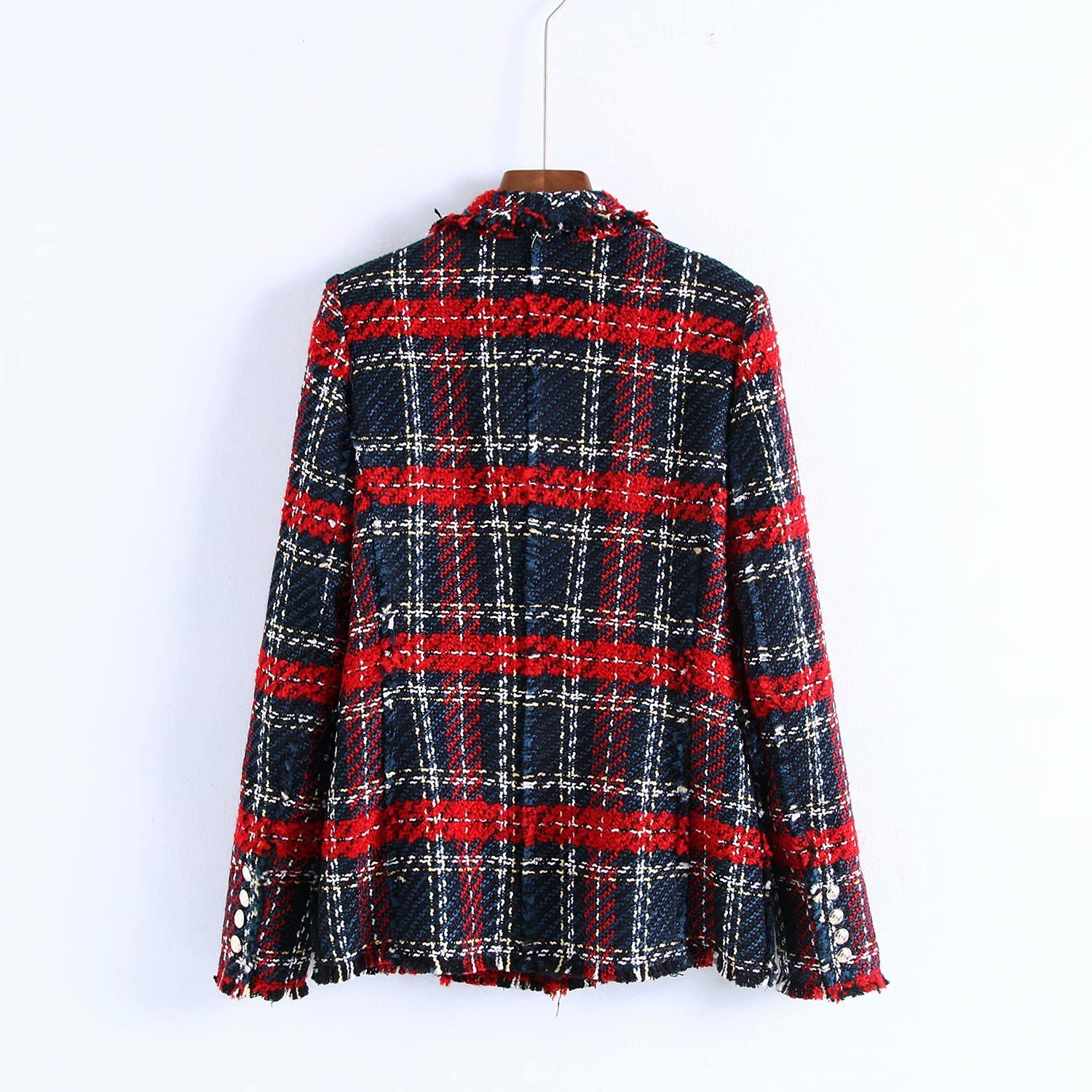 Vinter röd rutig tweed kavaj kappa vintage tofs tjock kontorskostym jacka sprint vinter dam blazers och jackor