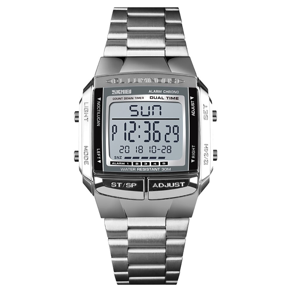 Mannen Analoge Digitale Horloge Mode Casual Sport Horloge 2 Tijd 5 Alarm 3ATM Waterdicht Roestvrij Stalen Band Backlight