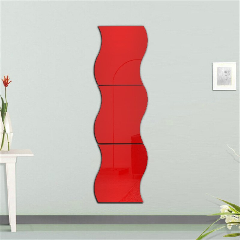 6 stücke PVC Abstrakte Welle Form Bling Schwarz und Gold Spiegel für Wand Aufkleber Acryl Gespiegelt Dekorative Aufkleber Room Decor: Red / M(17X19cm)