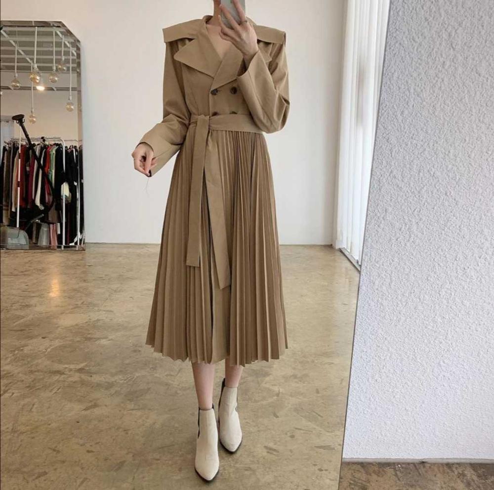 Trench-Coat Double boutonnage classique et Long avec ceinture pour femme, coupe-vent Chic, manteau d'épissure plissée, collection automne: khaki / S