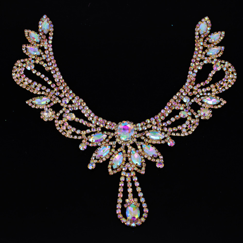 Accessoires de vêtements or Ab, collier en cristal, gros décolleté, strass à coudre, pour décoration de robe de mariée