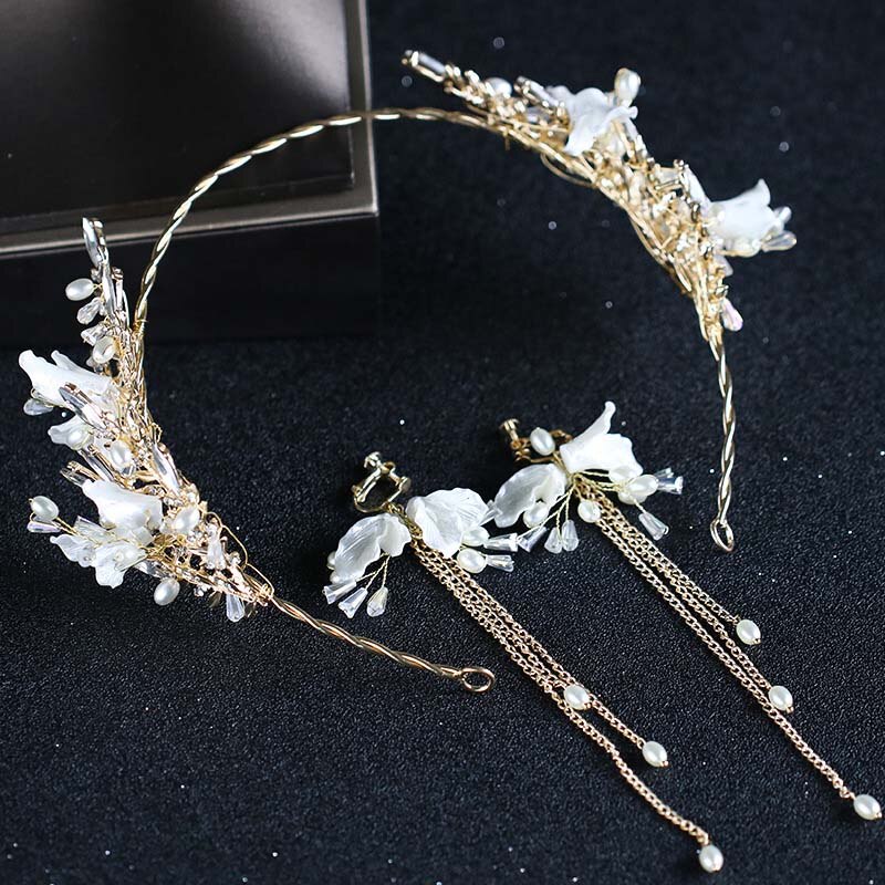 Koreanisch Stirnbänder für Frauen, Blume, Blatt Kristall Haar Perlen Ohrringe Schmuck-setzt für Braut Noiva Hochzeit FORSEVEN: 3