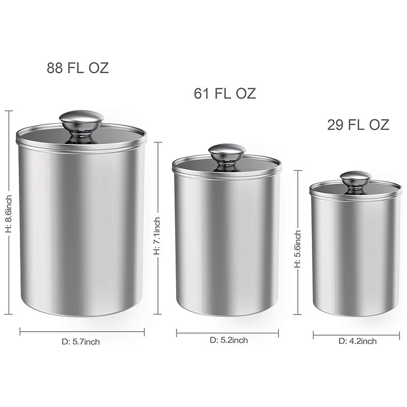 Airtight Canisters Sets for the Kitchen Counter, 3-Piece Stainless Steel Food Storage Container with Clear Glass Lids for Coffee