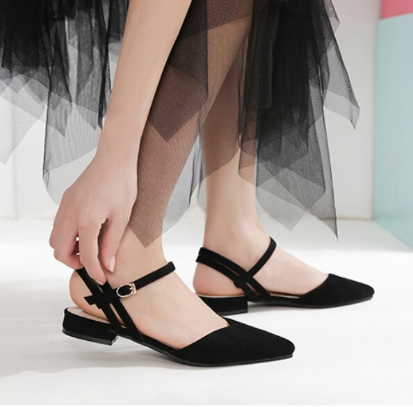Biurowa, damska obuwie letnie zamknięte Toe sandały damskie pasek z klamrą wąskie paski Sandalias Mujer Slingback sandały na płaskim obcasie rozmiar 41/42: Black / 9.5