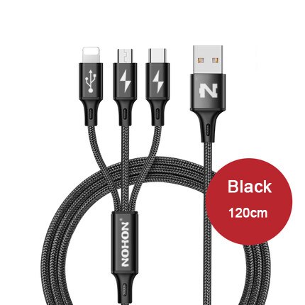 Nohon 3 in 1 8 pin type c micro nylon usb kabel til iphone 8 x 7 6 6s plus ios 10 9 8 samsung nokia usb hurtigopladning kabler ledning: 3- i -1 sort