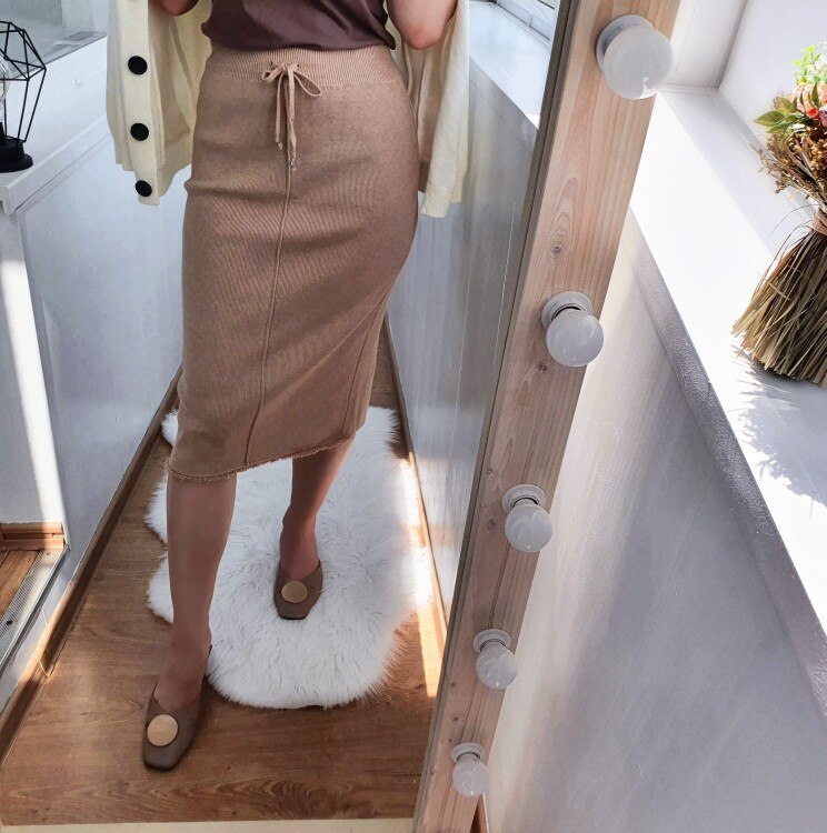 GIGOGOU Autumn Winter Knit Women Skirt Drawstring Midi Skirts Autumn Winter Long Maxi Bodycon Skirt Pencil Sweater Skirt