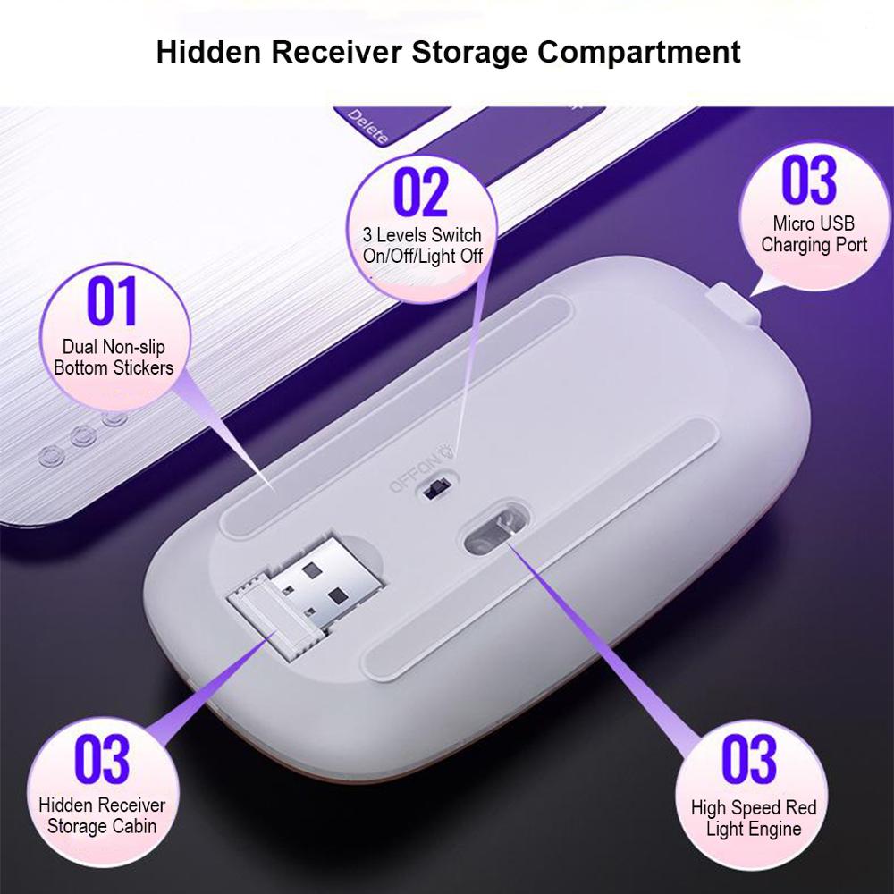 Ultra-Thin Wireless Mouse 2.4GHZ LED Silent Mute Colored Backlit Optical Mice with Hidden USB Receiver DPI Adjustable for Gaming