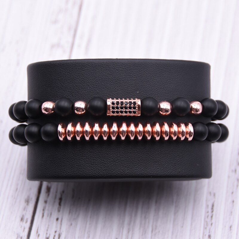 2 pçs/set Micro Pave CZ Longo praça Encantos Pulseiras para mulheres dos homens 8 milímetros Fosco contas de pedra Pulseira de homens jóias presentes