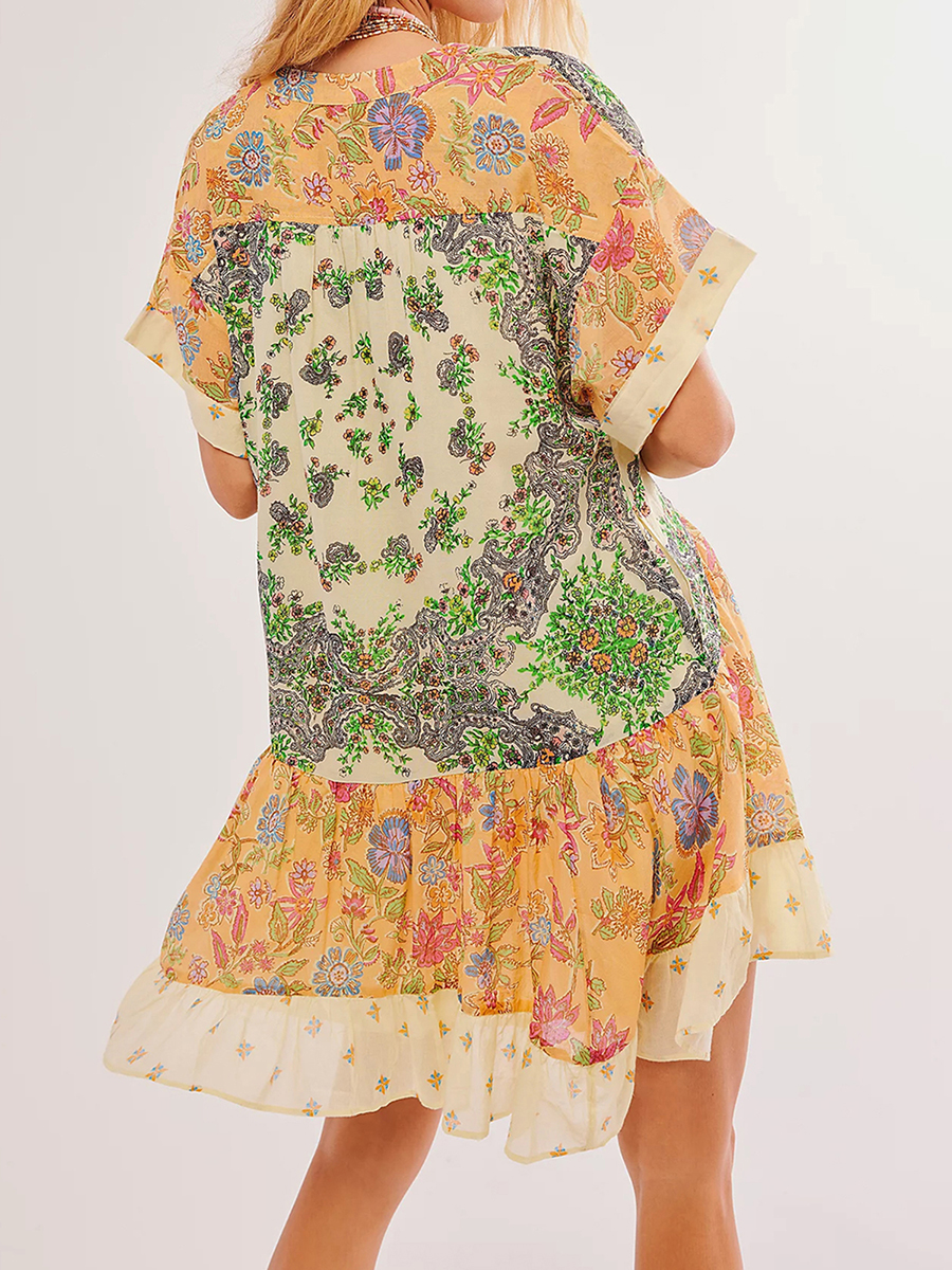 Kvinners sommer babydoll-kjole bohemsk blomstertrykk kortermet v-hals flagrende kjole med lommer fritids-retro