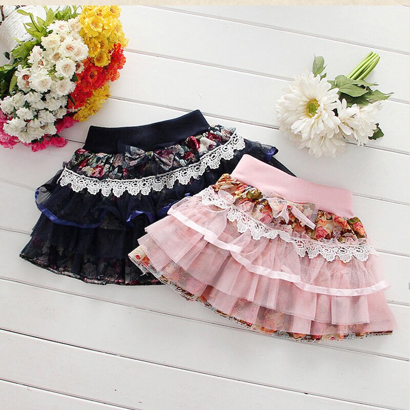 Girls' Printed Mesh Stitching Skirt Summer Style Bow Stretch Pleated Sweet And Cute Princess Children's Floral Skirts WT635