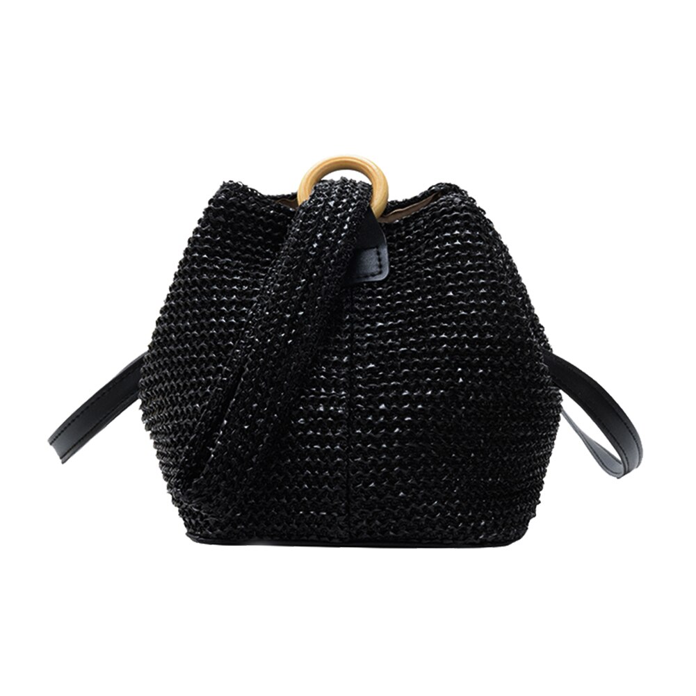 Woven Rattan Shoulder Totes Bag Women Round Straw Beach Messenger Bags Lady Boho Round Beach Travel Purse: Black