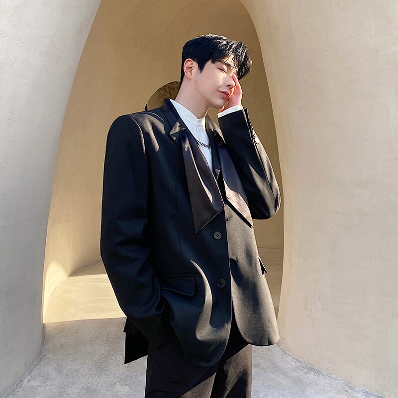 Chaqueta de seda para hombre, traje informal holgado con cuello de corbata, Vintage, ropa de calle, Chaqueta de vestir, abrigo Harajuku