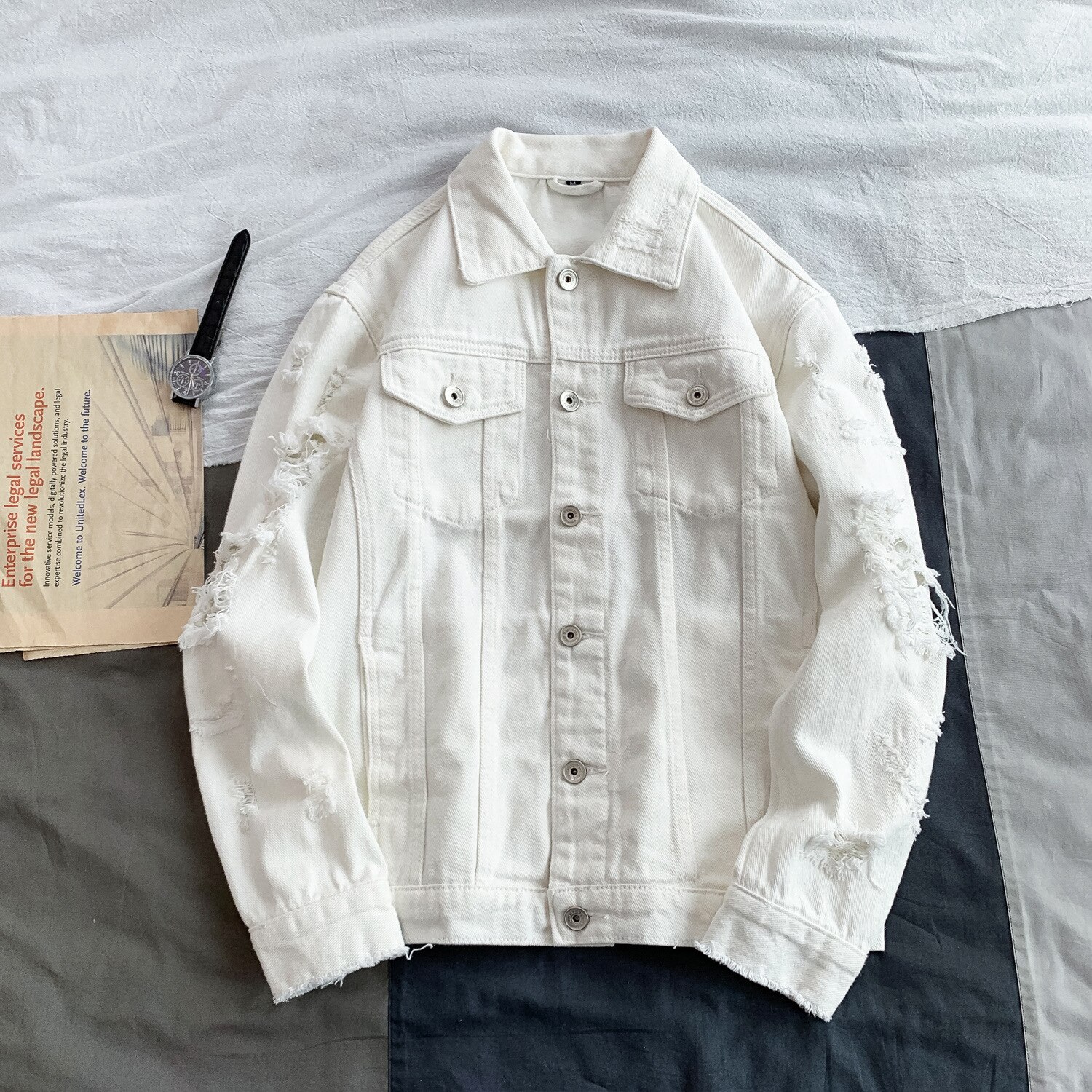 Jaqueta Masculino Spring Denim Jacket Men Turn Down Collar Simple Slim Fit Men Jacket Long Sleeve Hole Jeans Jacket Men: white / M