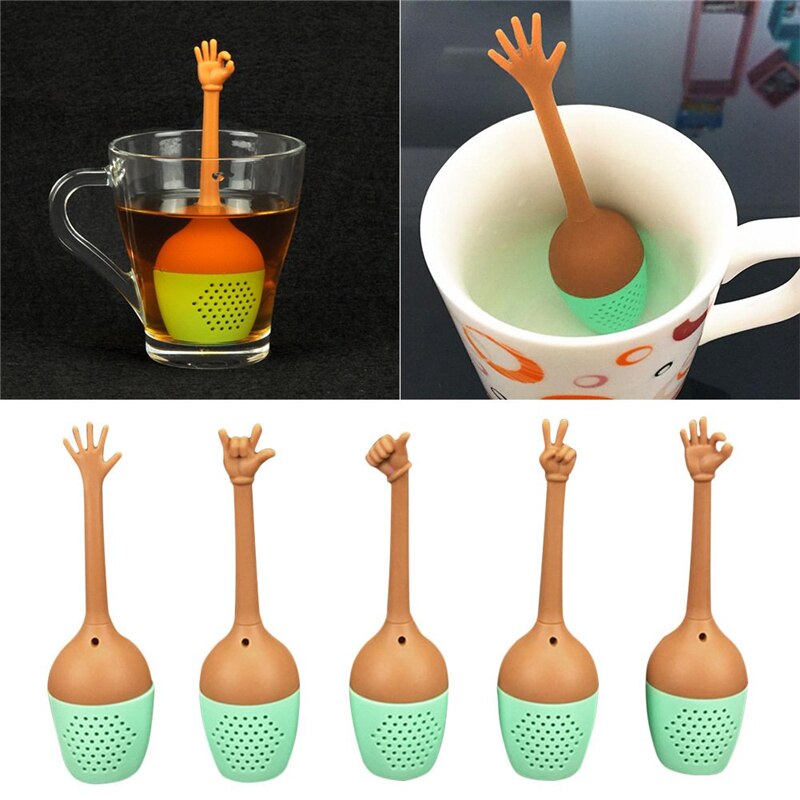 Infusores de té de hojas sueltas con gestos en las manos, colador de silicona de mango largo para viaje, taza, botella, herramientas de té para en casa