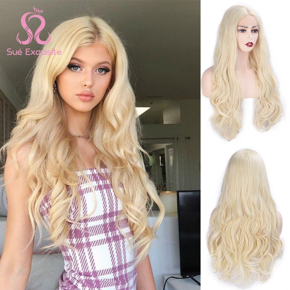 Sue Prachtige Blonde Lace Front Pruiken Voor Vrouwen Lange Golvende Mid-Punt Voor Synthetische Pruiken Natuurlijke Haarlijn volledige Pruiken