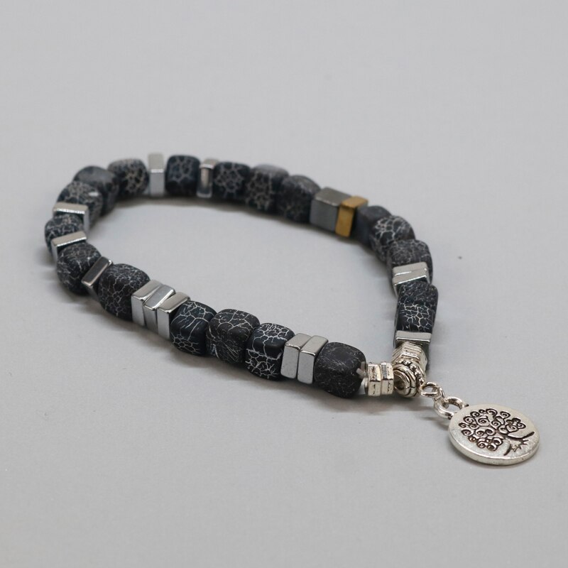 Tibetan Buddha Lotus Bracelet Men Natural Square Weathered Onyx Mala Spiritual Bracelet For Women For Him DX-15