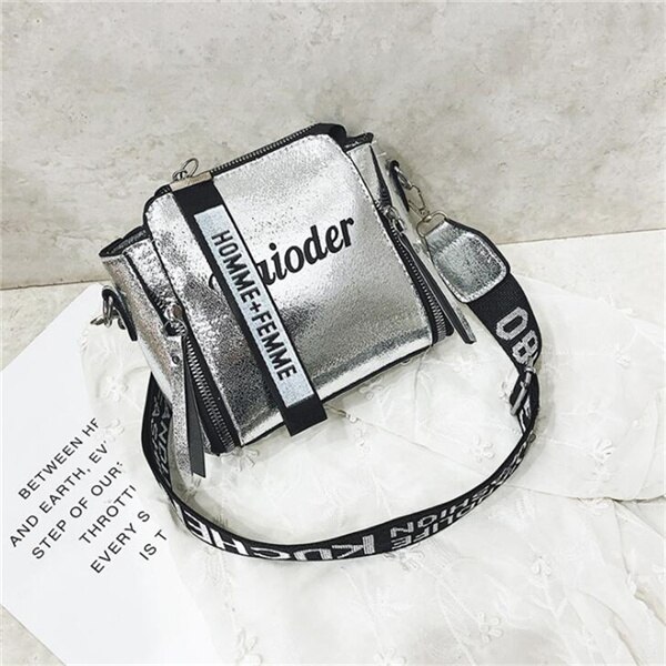 Yogodlns Tide Ladies Letter Handbags Wide Strap Chains Shoulder Bag Women Crossbody Bags Bolsa Girls Small Purse: silver