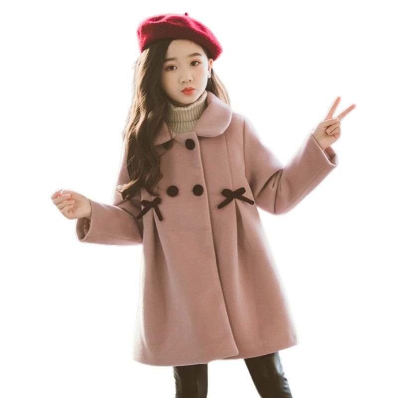 Cappotto invernale per ragazze giacca di lana spessa per ragazze moda solido capispalla per bambini autunno inghilterra abiti per adolescenti per ragazze scuola: Colore rosa / 4