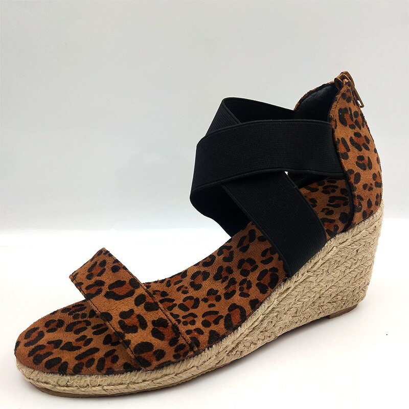 Women Wedges Sandal Leopard Cross Tie Snakeskin Ladies Open Toe Zipper Female Beach Soft Shoes Hemp Bottom Summer Plus Size: Leopard / 9.5
