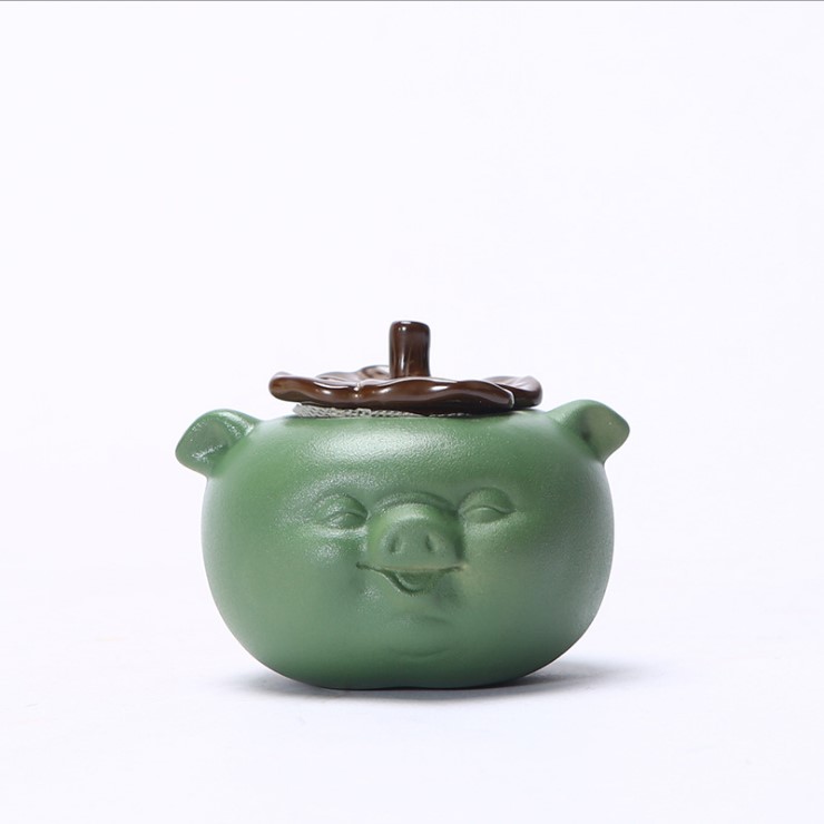 simple and cute Pig Ceramic miniature Tea caddy Orange and Green