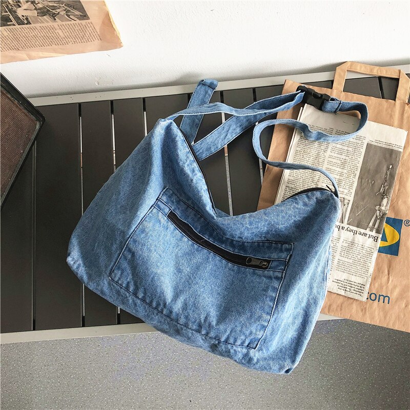 Student Casual Daily Jeans Shoulder Bag Female Teenager High Street Tide Denim Fabric Big Capacity Crossbody Messenger Bag