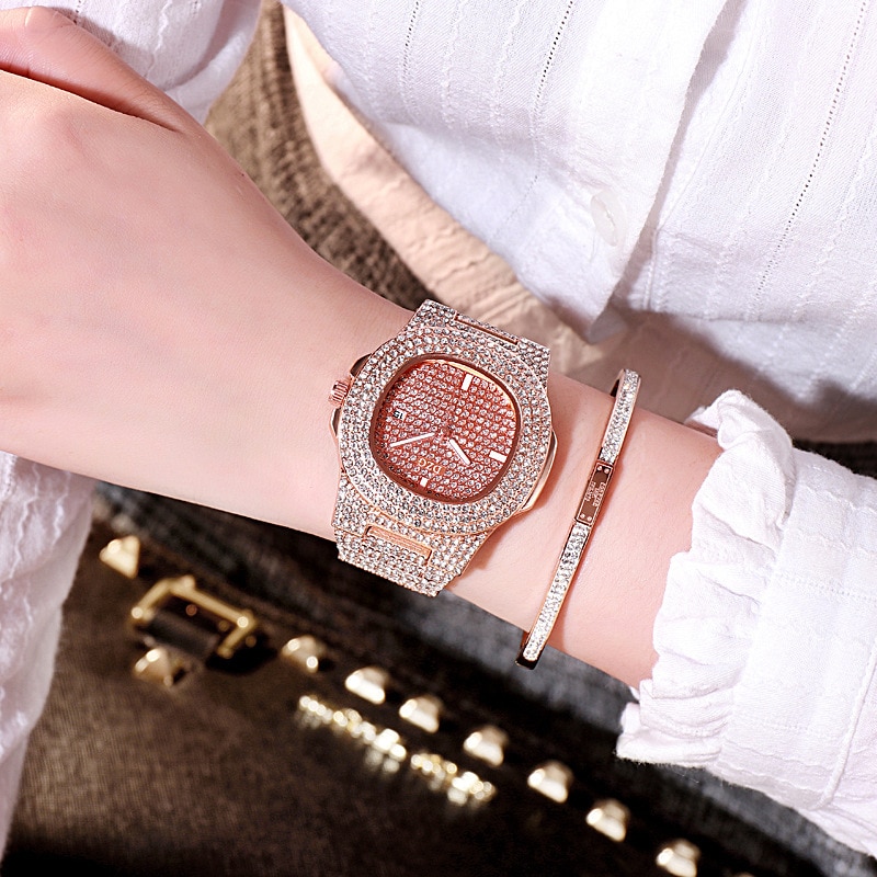 Topp luksus dame armbånd klokke krystall armbåndsur dame klokker kjole dame kvarts klokke dropshiping reloj mujer