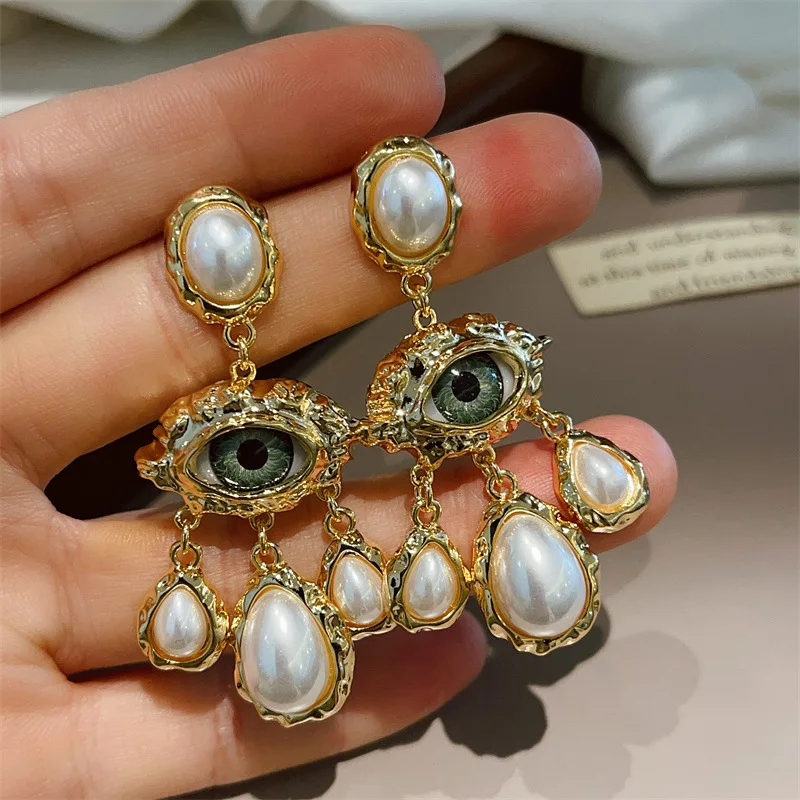 Pendientes largos de ojos grandes exagerados de estilo francés, pendientes de gotas de agua con perlas a la: Bronze
