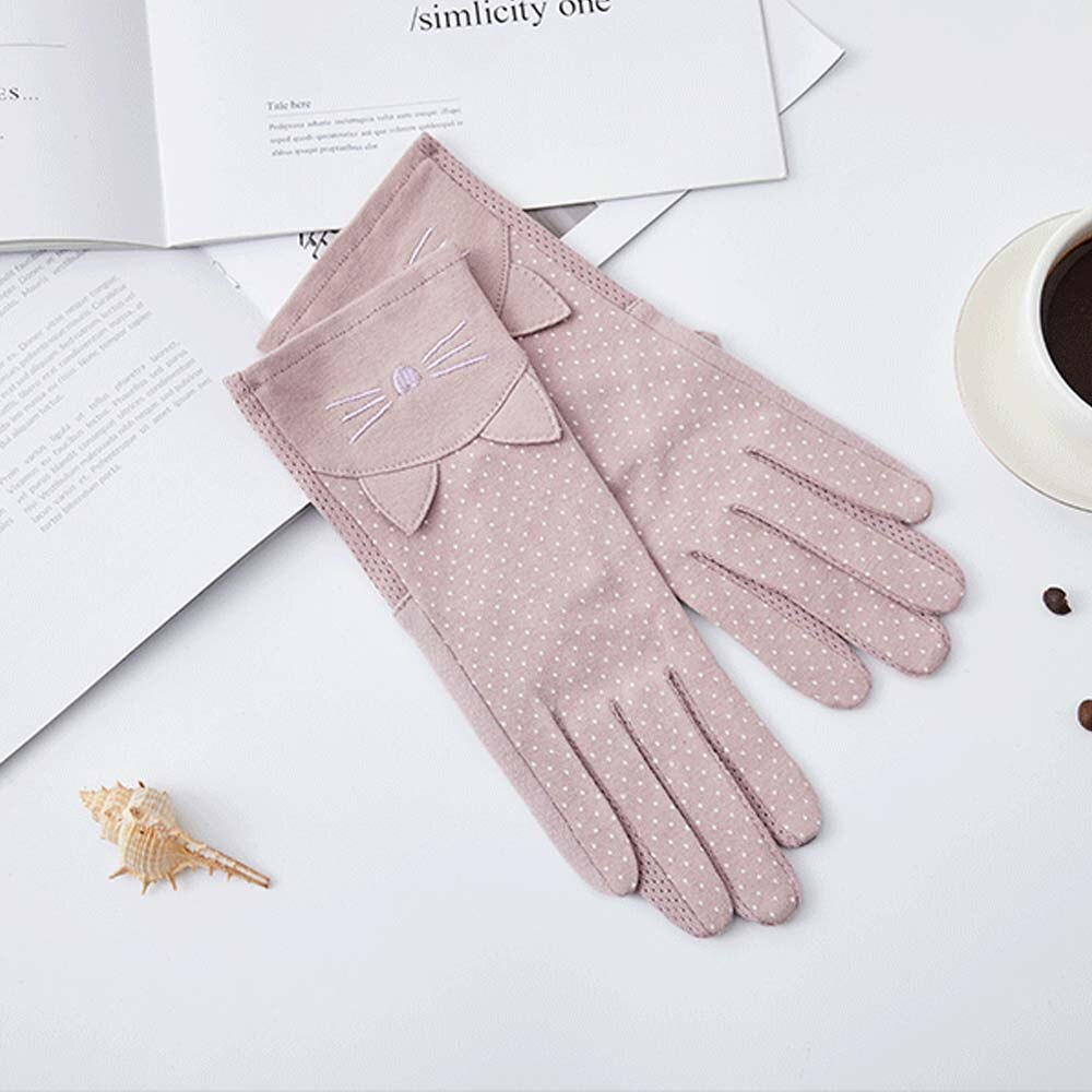 Mode Vrouwen Handschoenen Dames Zon Protec Handschoenen Dunne Zomer Rijden Elastische Katoen Ademend Rijden Handschoenen Leuke Kat Dot Mitten: light purple-Middle