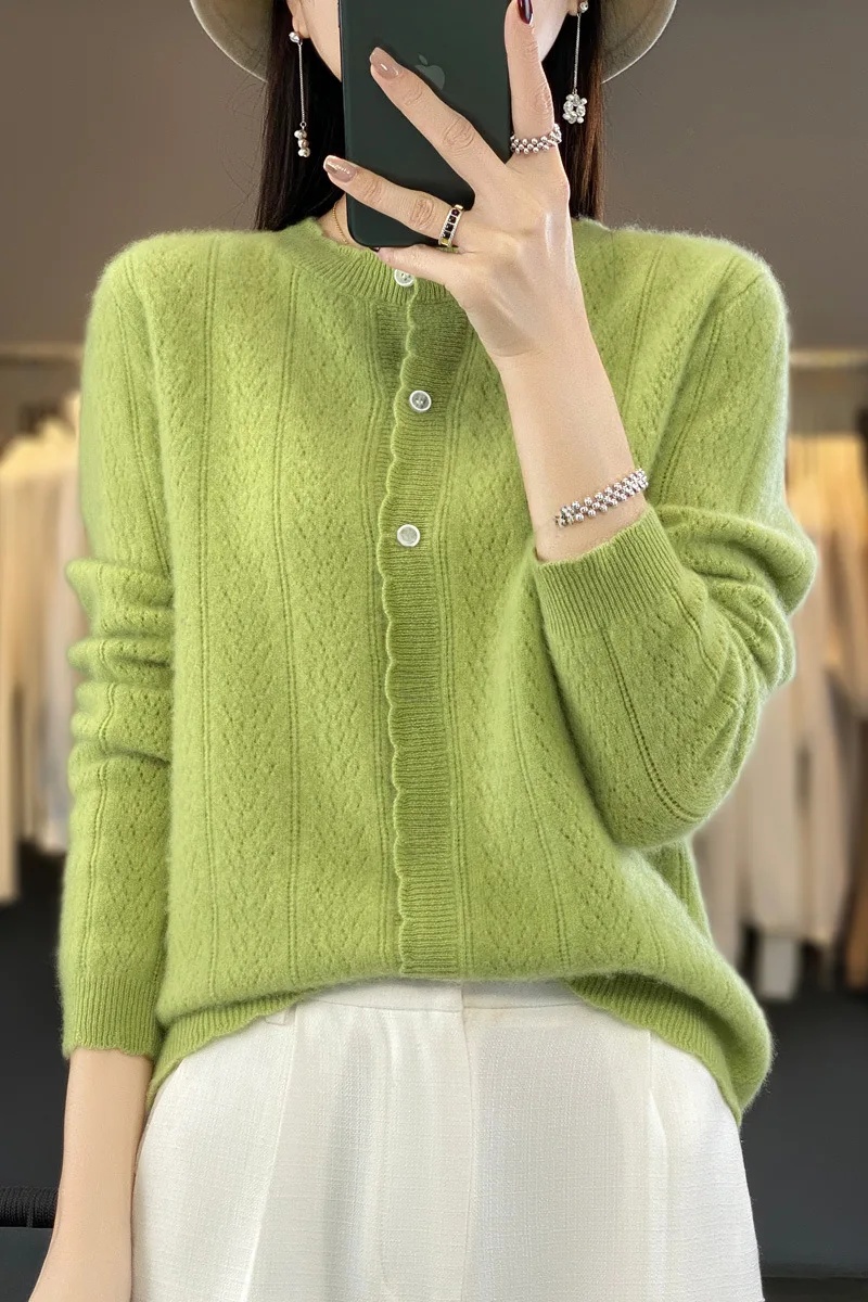 100% cárdigan abierto suelto de lana pura para mujer Otoño Invierno estilo ropa externa Top perezoso cuello redondo suéter de punto de manga larga: L / green