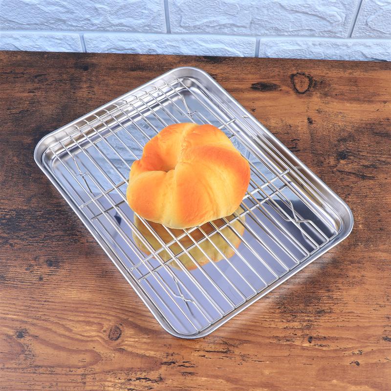 2 Pieces Rectangular Baking Tray Stainless Steel Baking Pan Sheet Oil Drain Tray Dish Filter with Removable Cooling Rack