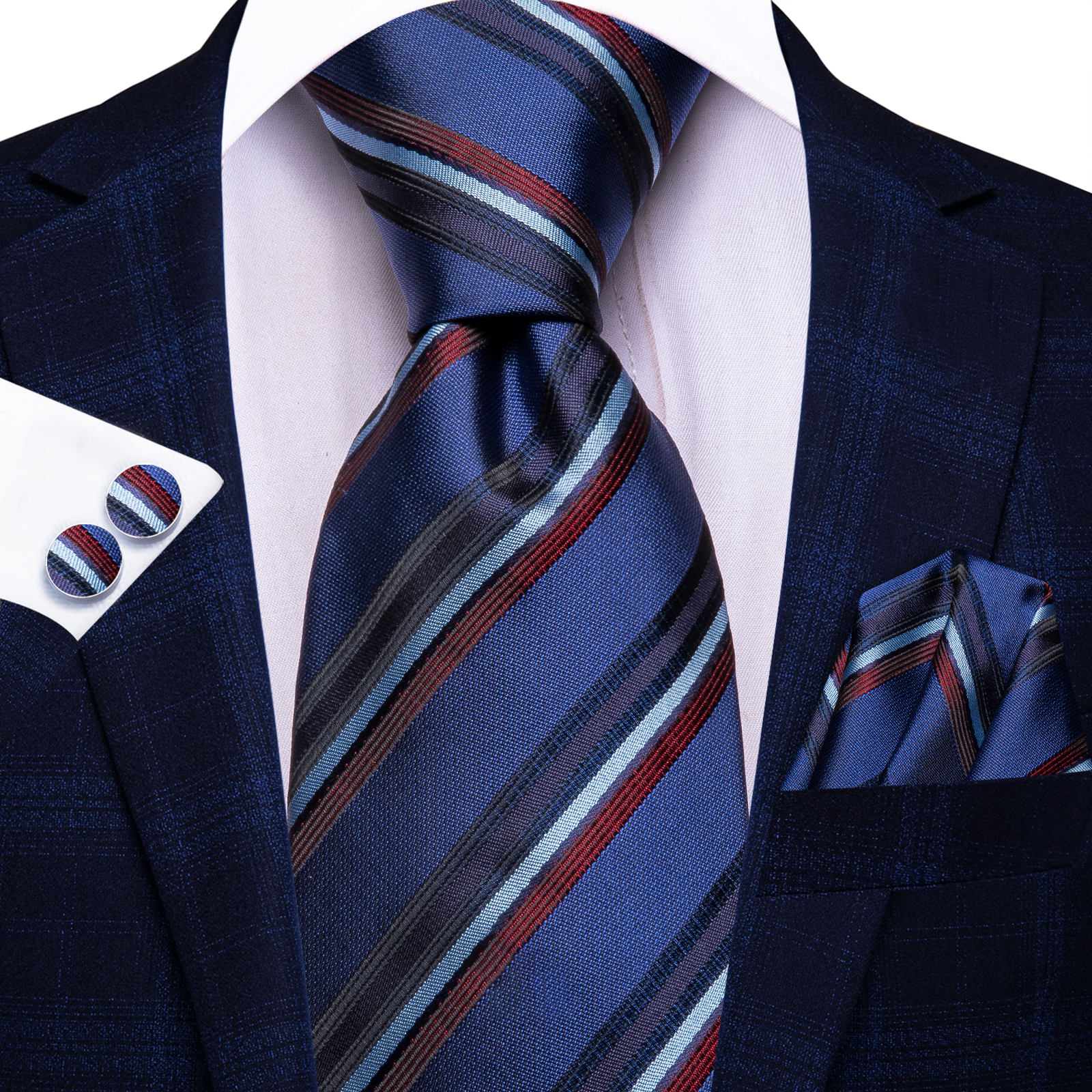 Gravata azul marinho para homens, lenço elegante, abotoaduras, acessórios para festa de casamento, gravatas, designer de novidade, presente: MULTI