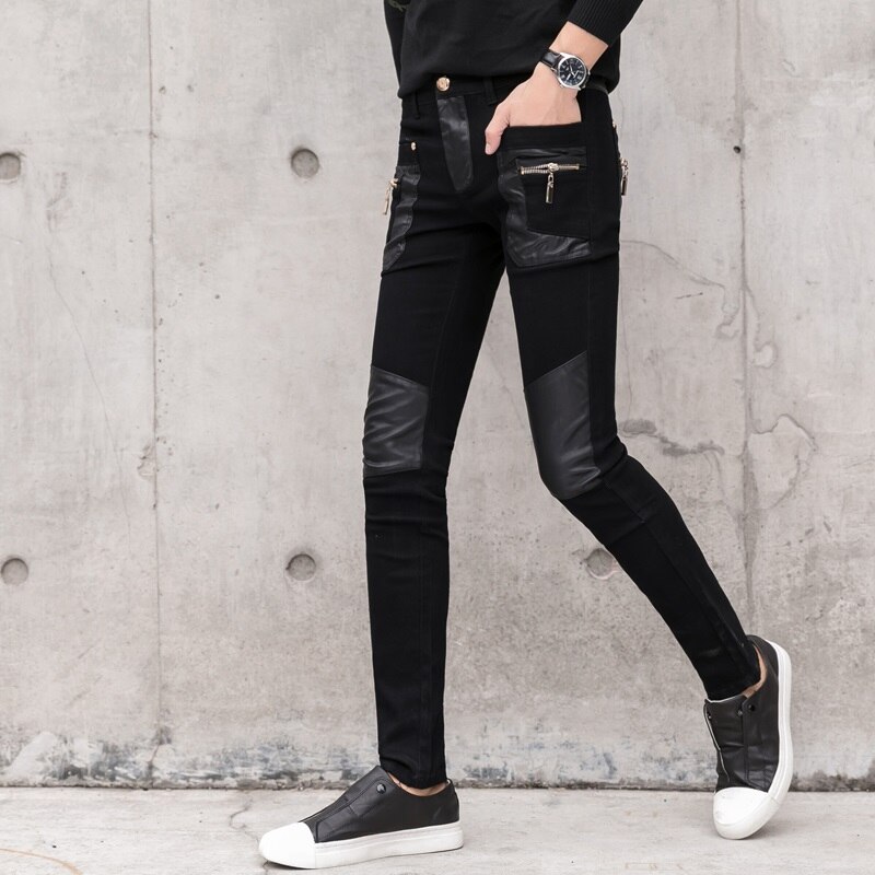 Men's Pant Faux Leather Jeans Spliced Denim Trousers Male Stretch Slim Fit Punk Stage Singer Motorcycle Casual Pants Men