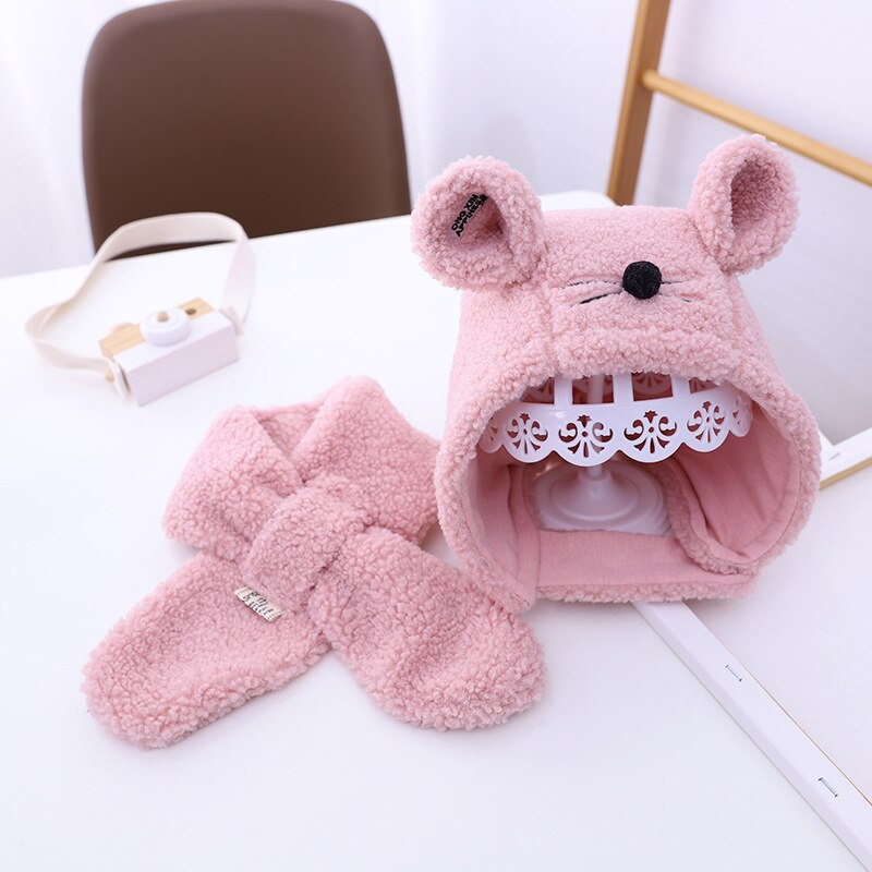 Doitbest 2 to 6 år bebis barn mössa liten mus lammull pojkes stickade mössor vinter 2 st pojke tjej mössa scarf set: Rosa