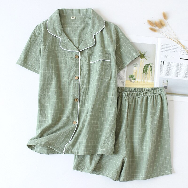 2022 Summer Womens Pajamas Japanese and Korea Style Plaid Sleepwear Short-Sleeve Cotton Printed Pajamas for Female Sleepwear Set: Green / M