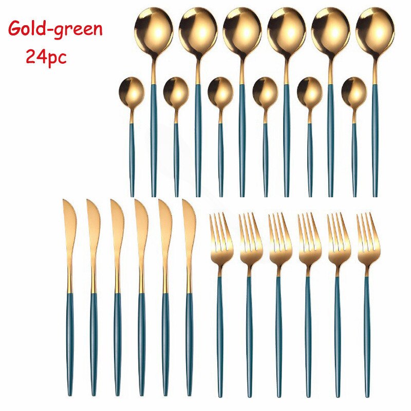 Vaisselle inox ensemble de couverts 24 pièces or Rose ensemble de couverts fourchette cuillère couteau doré ensemble de vaisselle coffret directe: green gold