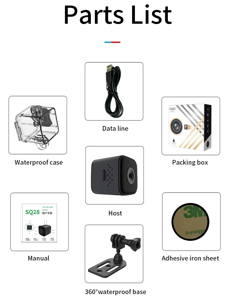SQ28 Mini cámara al aire libre HD 1080p cámara deportiva cámara de acción de buceo impermeable vehículo montado grabadora de conducción compatible con 256G