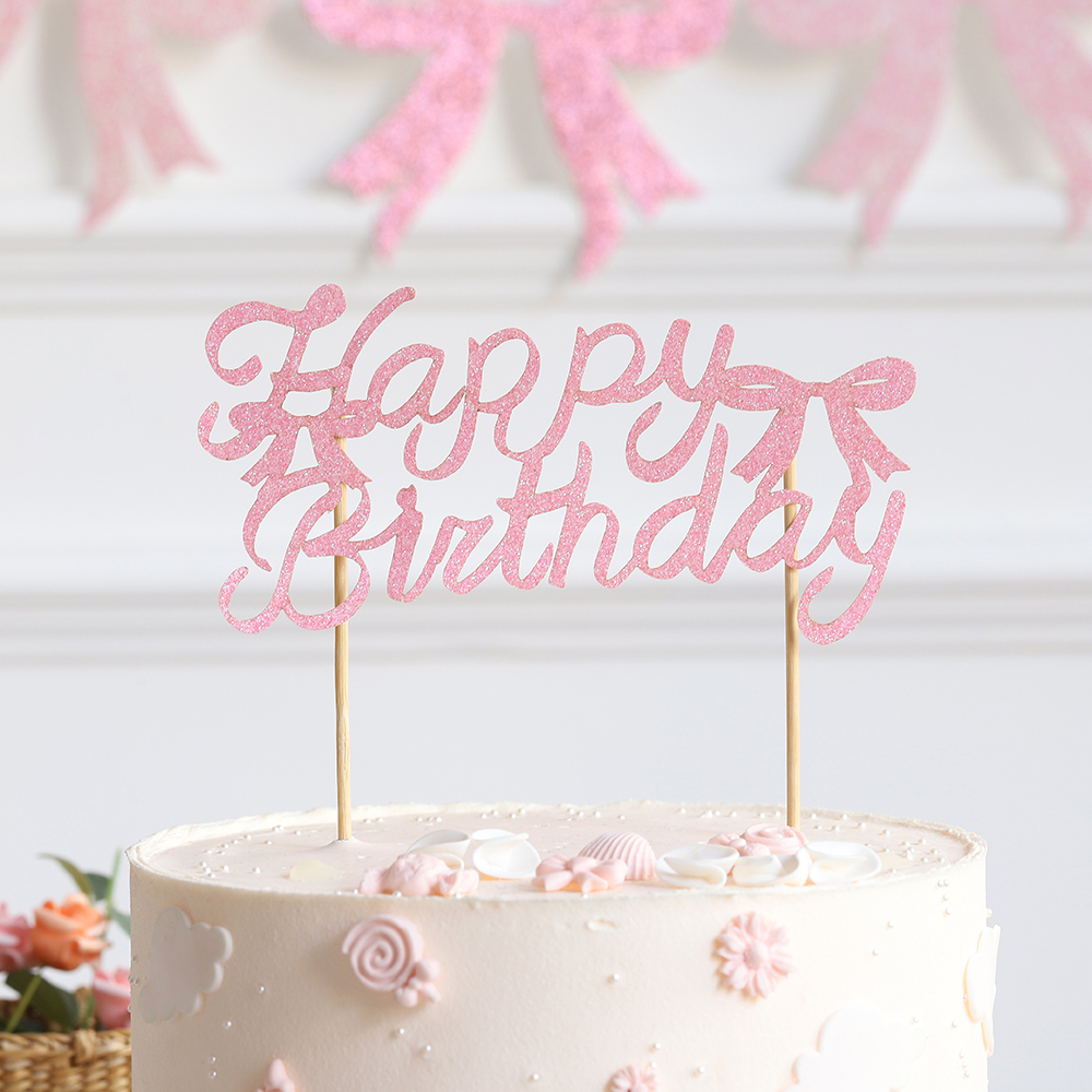 Skinnende rosa sløyfe bursdagsbanner sløyfe spiral kaketopper fotoramme flagg jente bursdag babyshower bryllupsfest dekorasjon: Lysegrå