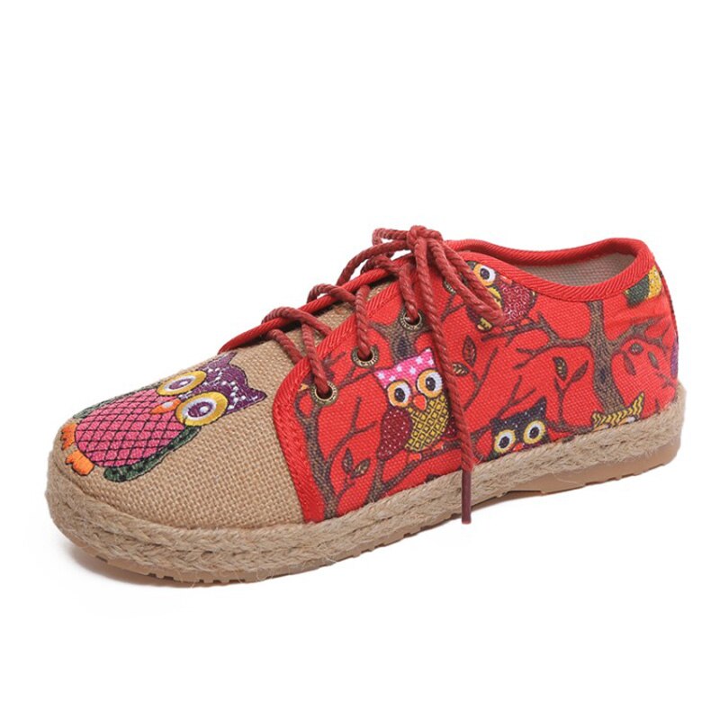 Cootelili oxford platta skor dam loafers lin slip on rund tå uggla tryck andas feminino röd grå blå stl 35-40