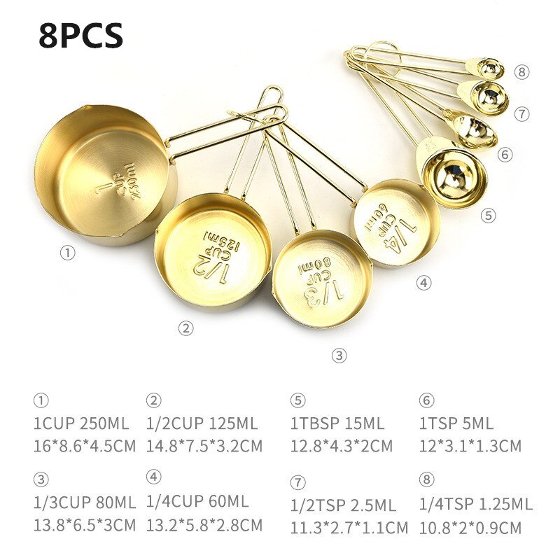 Ensemble de cuillères à mesurer en acier inoxydable, 8 pièces, tasses à mesurer en or Rose, accessoires de cuisine, cuisson du thé, cuillère à café, outils de mesure