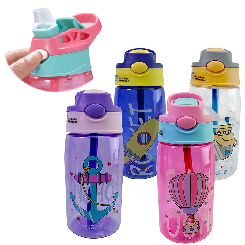 Vaso de agua para niños de 480ML, tazas de alimentación de bebé con dibujo , con pajitas, botellas de agua para exteriores, portátiles