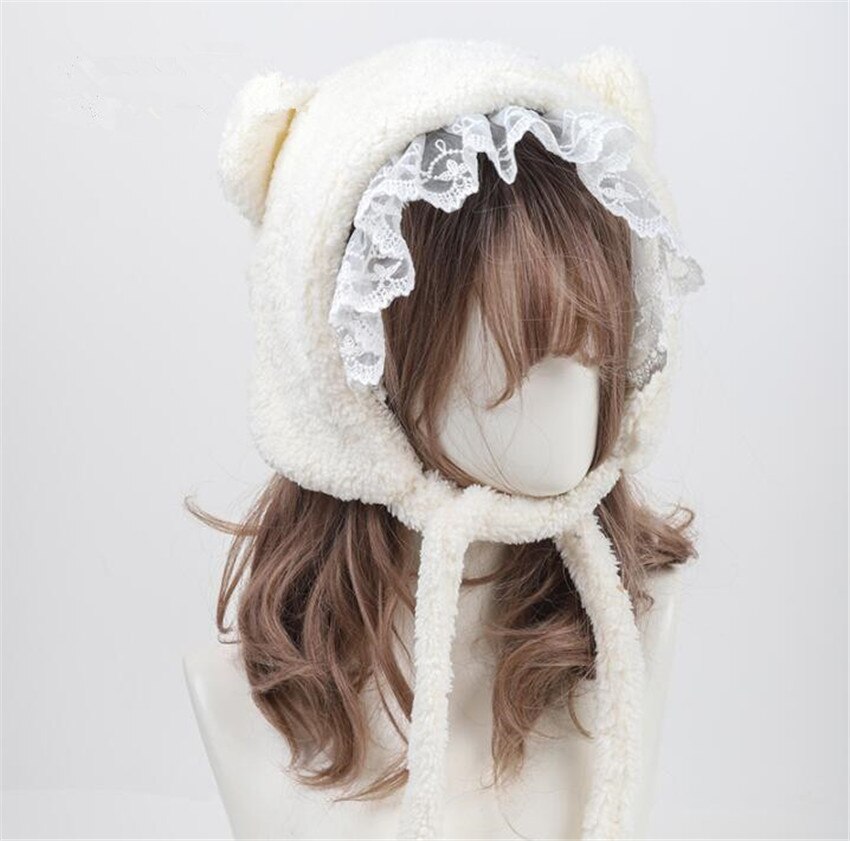 Warm Lace Trim Lolita Bear Ear Plush Warm Hat Women Thicken Bowknot Earmuffs Winter Bandage Cap D991