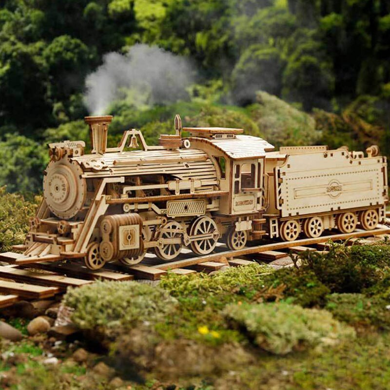 Diy 3D Houten Puzzel Trein Clockwork Gear Drive Locomotief Montage Model Building Kit Speelgoed Cadeau Voor Kinderen Tieners