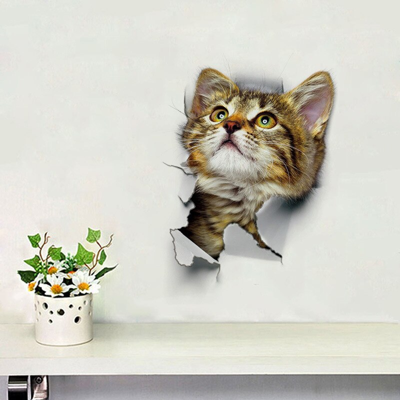 Cute Cat Wall Stickers Vinyl 3D Kitten Cat Bedroom Toilet Stickers Fridge Stickers Home Bathroom Wall Decor Art Decals Sticker