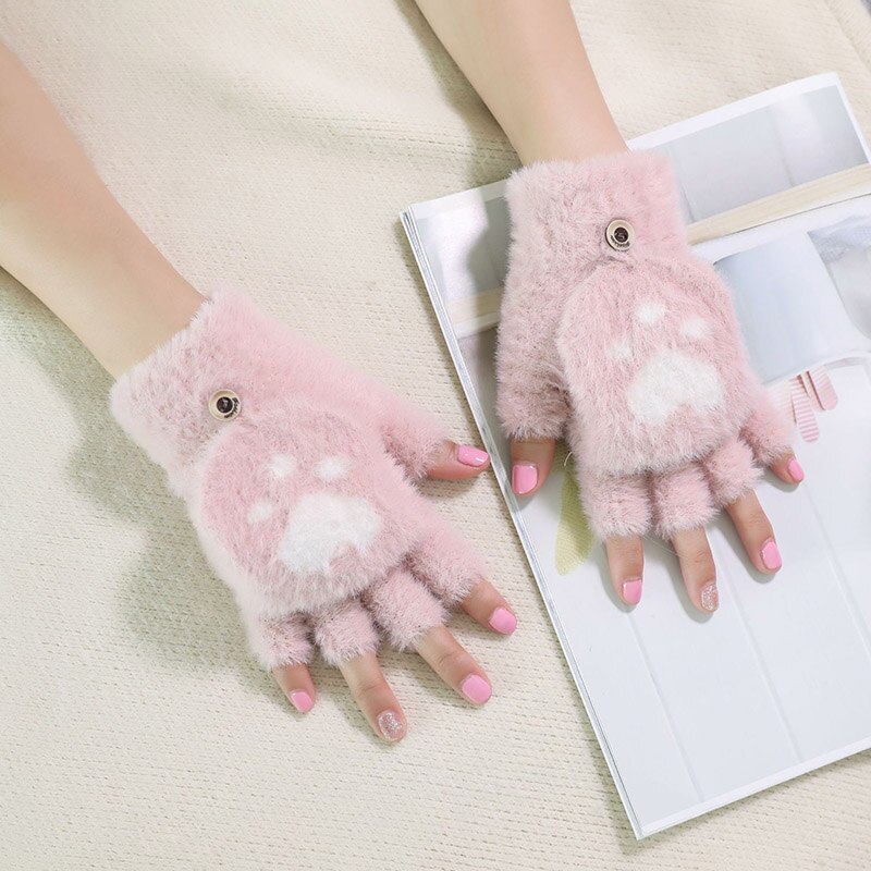 Winter Warme Zachte Konijnenbont Knit Mittens Vrouwen Flip Half Vinger Pluche Dikke Leuke Cartoon Kat Klauw Touchscreen Rijden handschoenen I1: A Pink