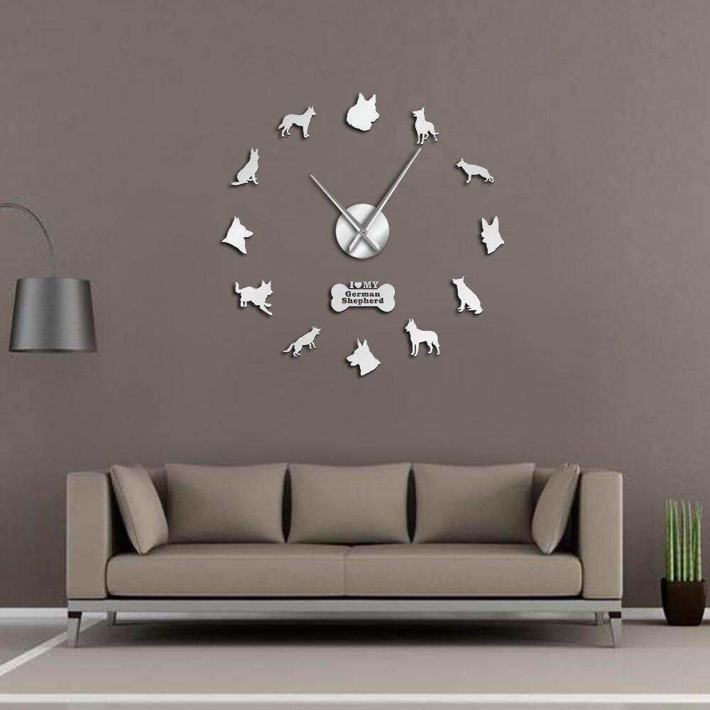 Horloge murale géante avec grandes aiguilles effet miroir loup alsacien berger allemand bricolage horloge murale Deutscher Schferhund chien Art mural